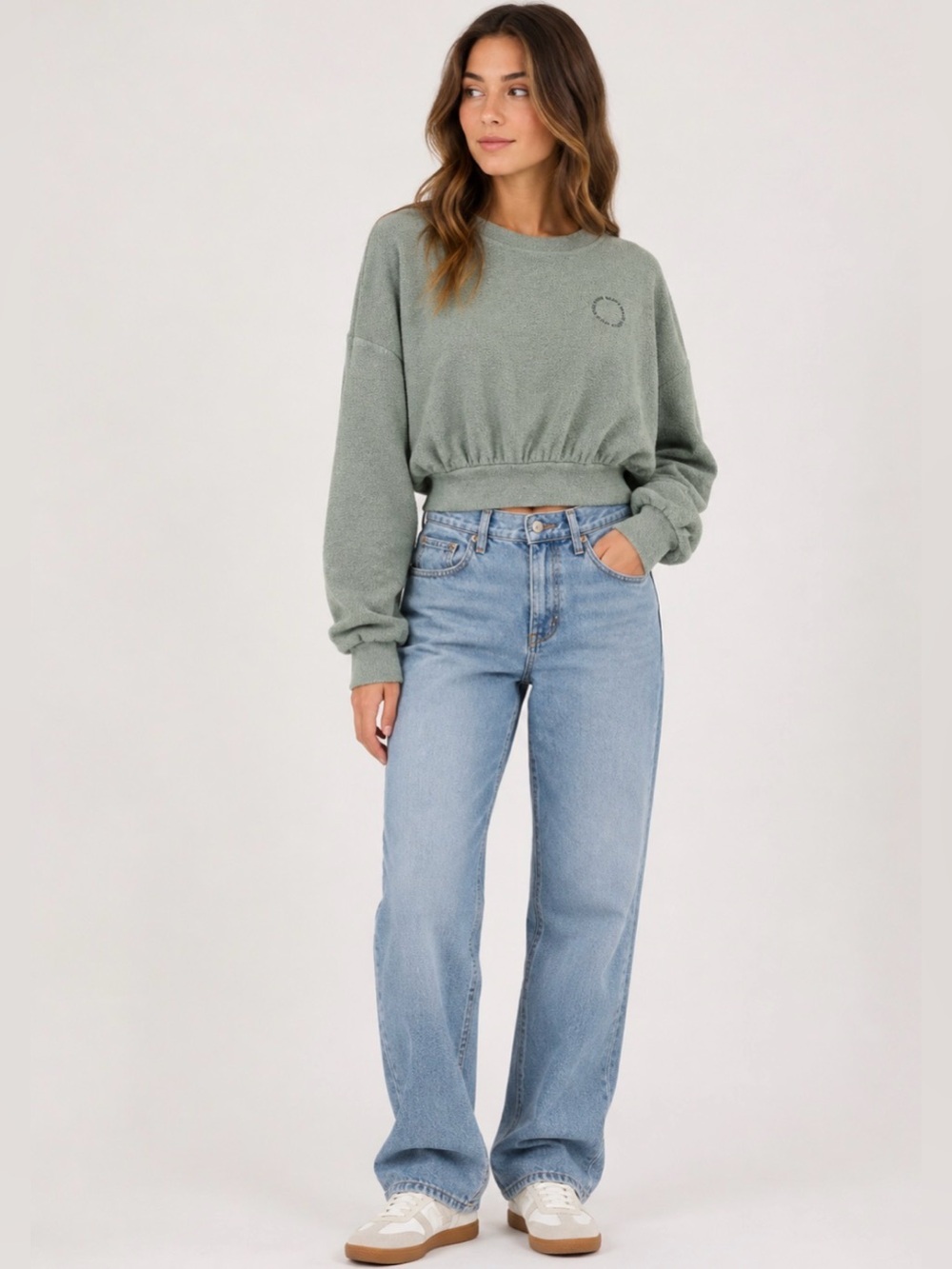 Gilly Hicks Green Terry Cloth Cropped Sweatshirt Pullover Size M